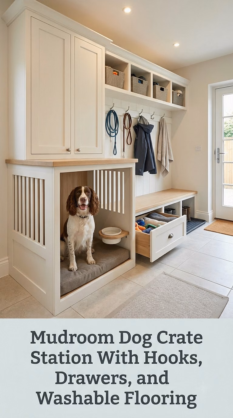 Mudroom Dog Crate Station With Hooks, Drawers, and Washable Flooring