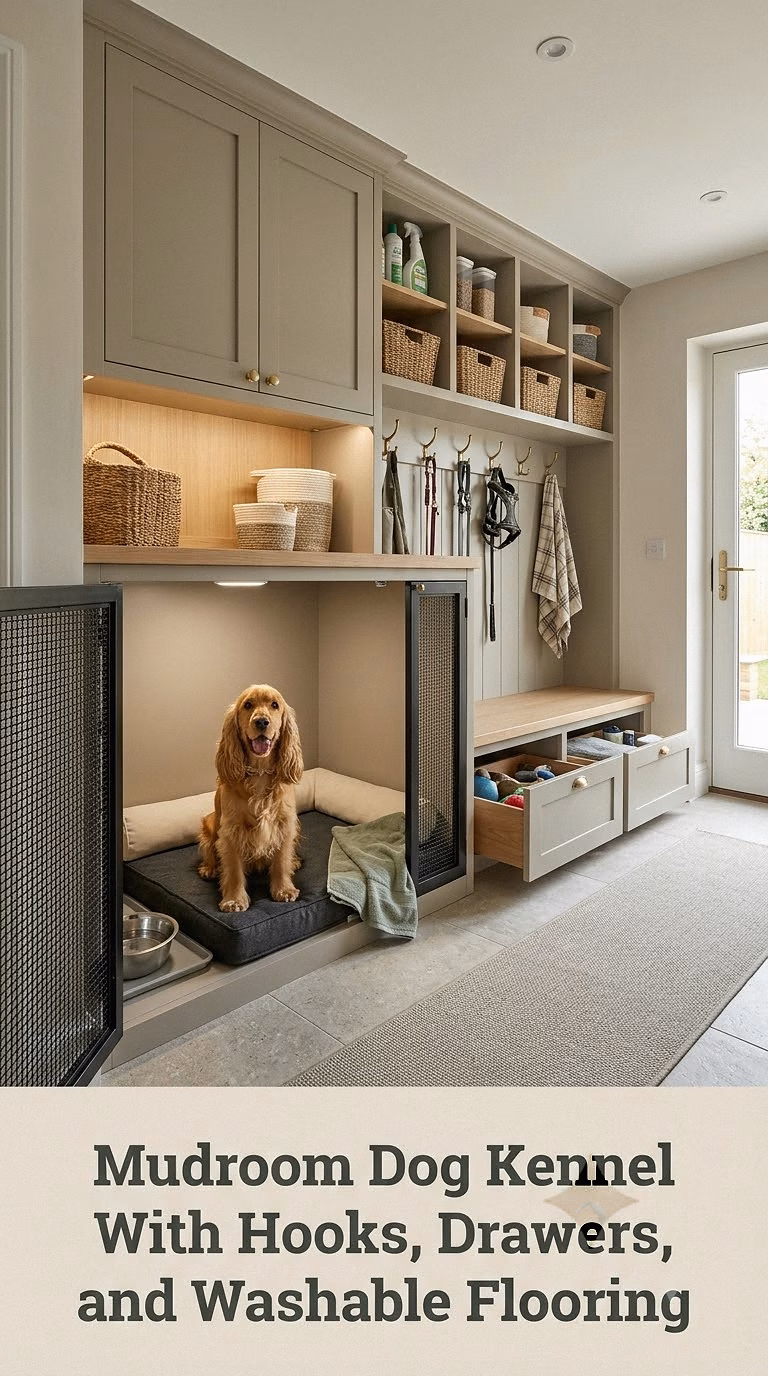 Mudroom Dog Kennel With Hooks, Drawers, and Washable Flooring