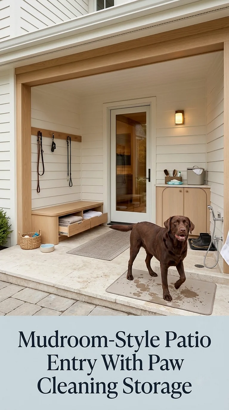 Mudroom-Style Patio Entry With Paw Cleaning Storage