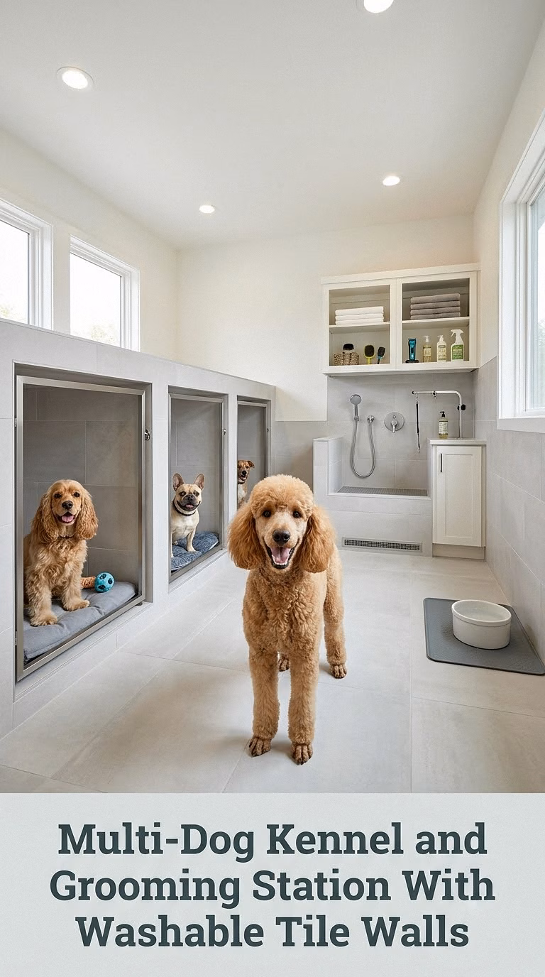 Multi-Dog Kennel and Grooming Station With Washable Tile Walls