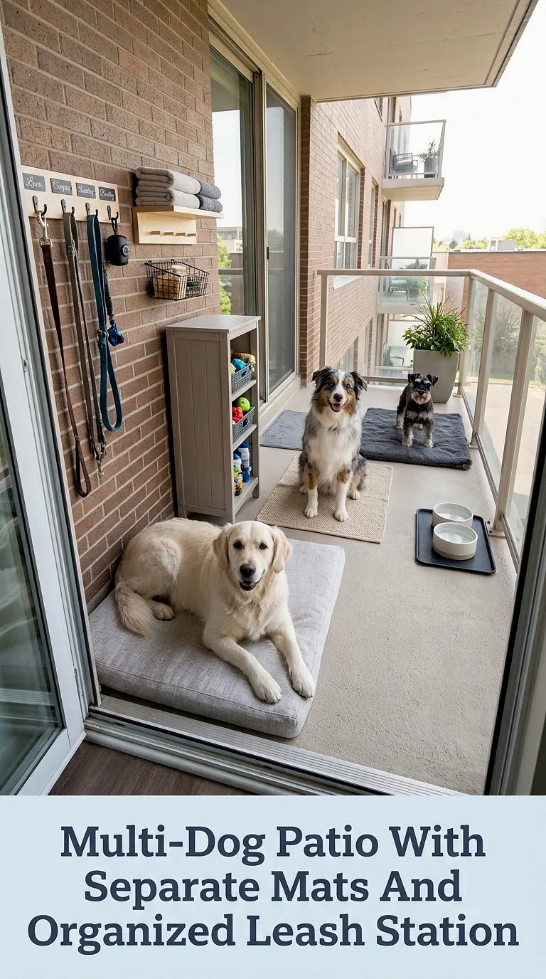 Multi-Dog Patio With Separate Mats And Organized Leash Station