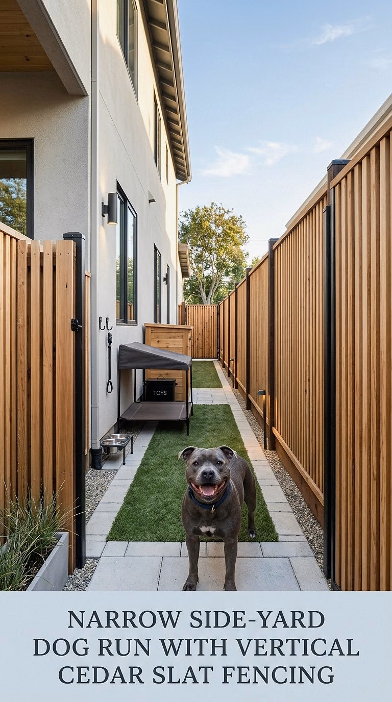 Narrow Side-Yard Dog Run With Vertical Cedar Slat Fencing