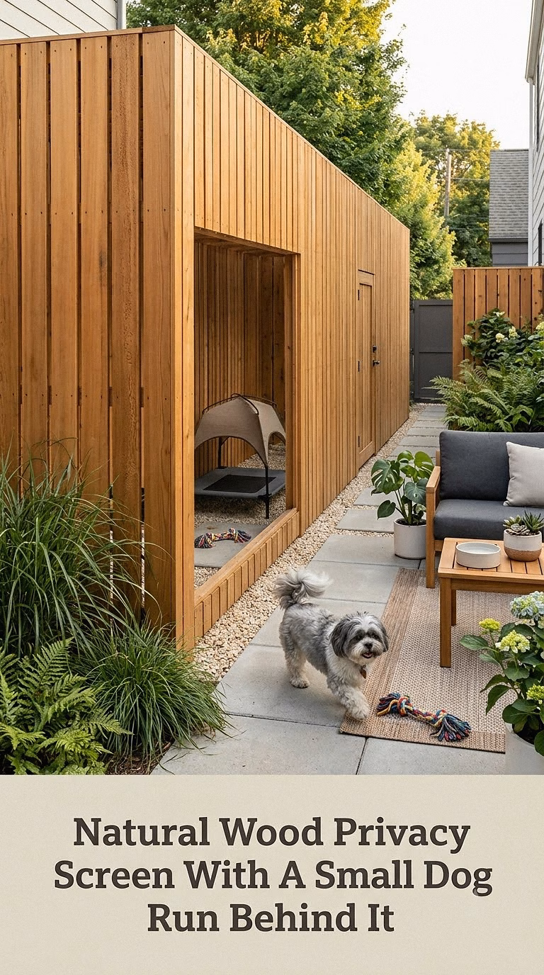 Natural Wood Privacy Screen With A Small Dog Run Behind It