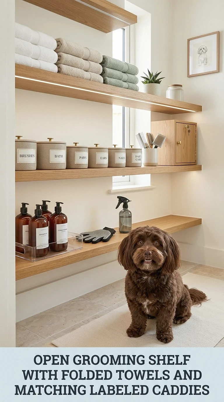 Open Grooming Shelf With Folded Towels And Matching Labeled Caddies