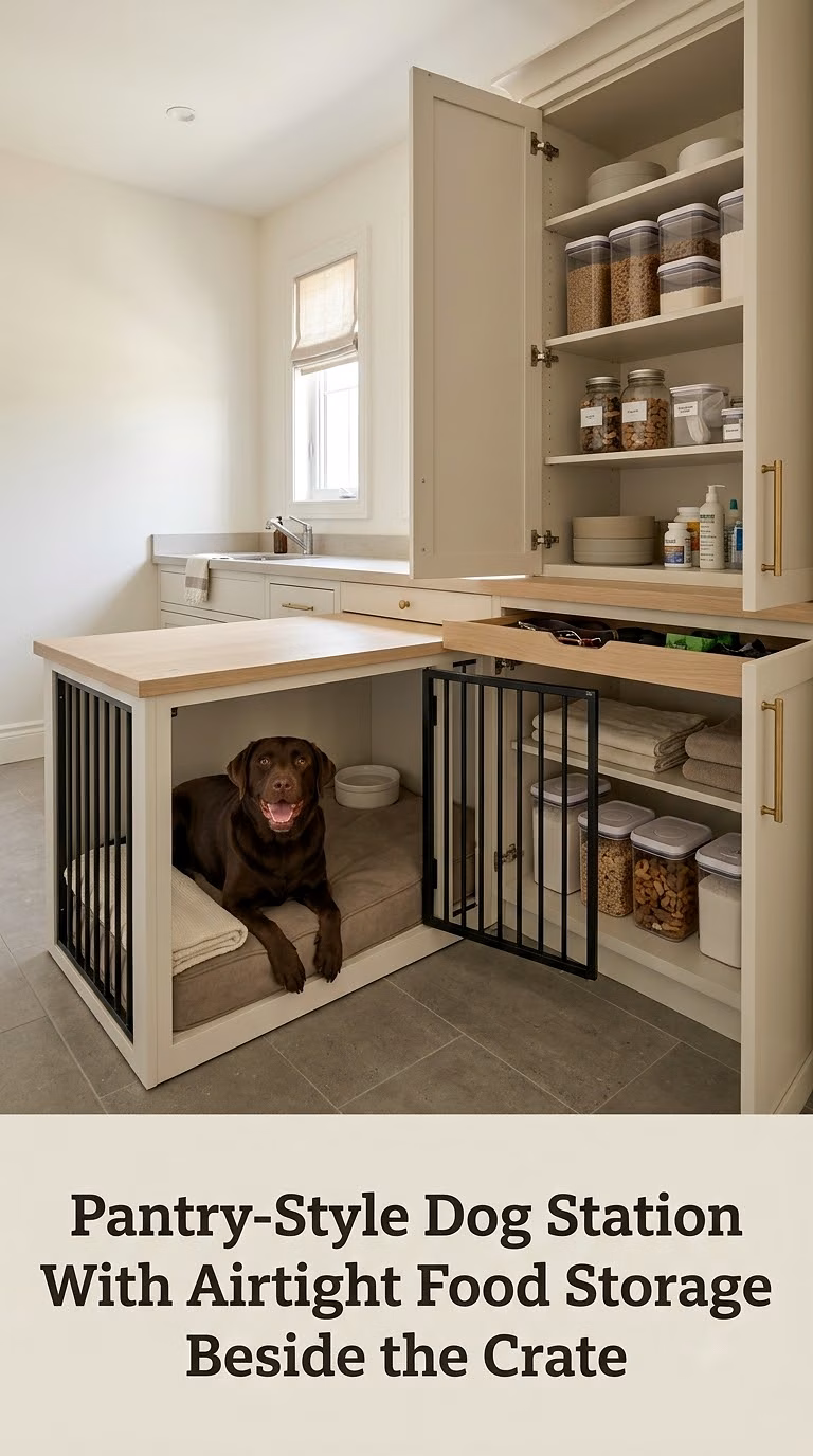Pantry-Style Dog Station With Airtight Food Storage Beside the Crate