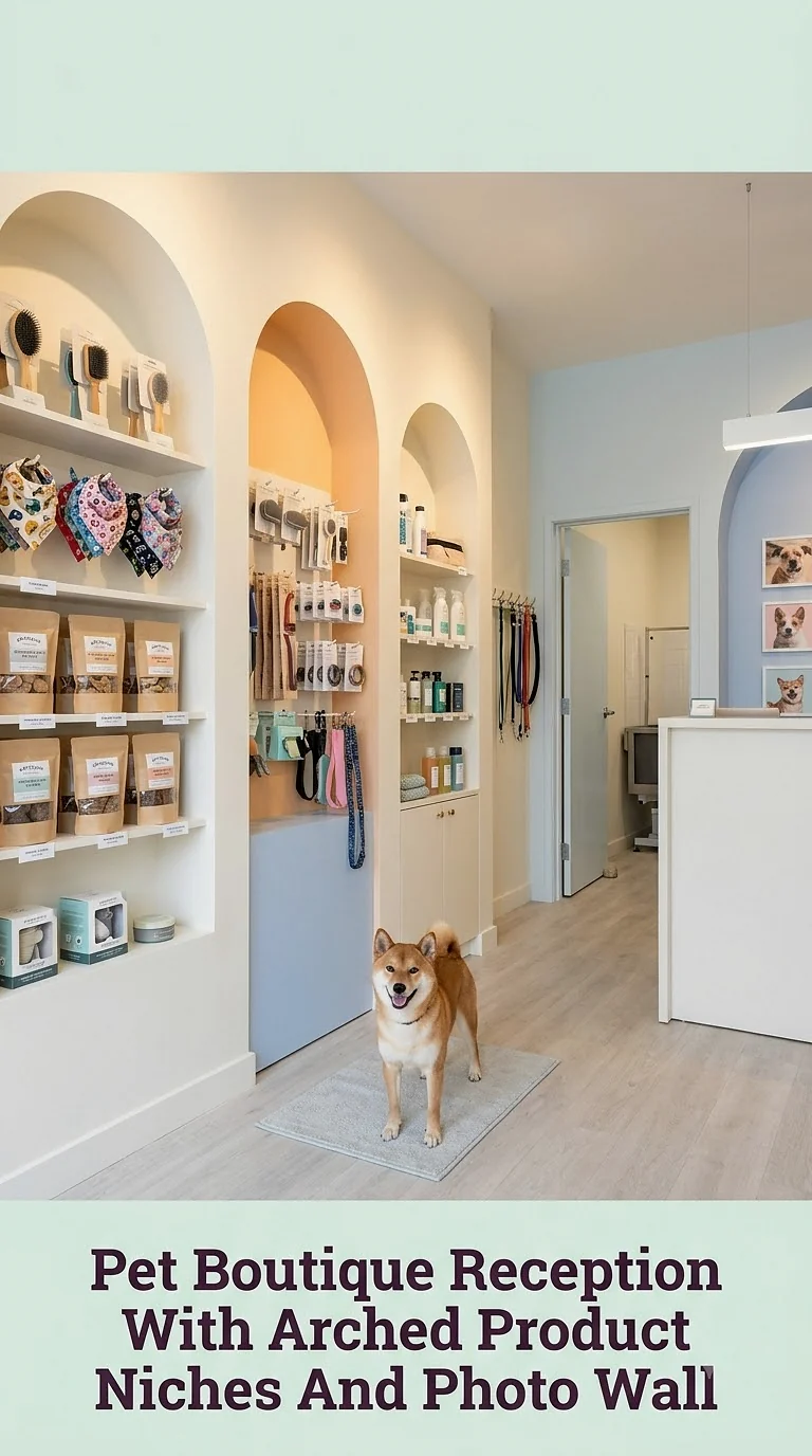 Pet Boutique Reception With Arched Product Niches And Photo Wall
