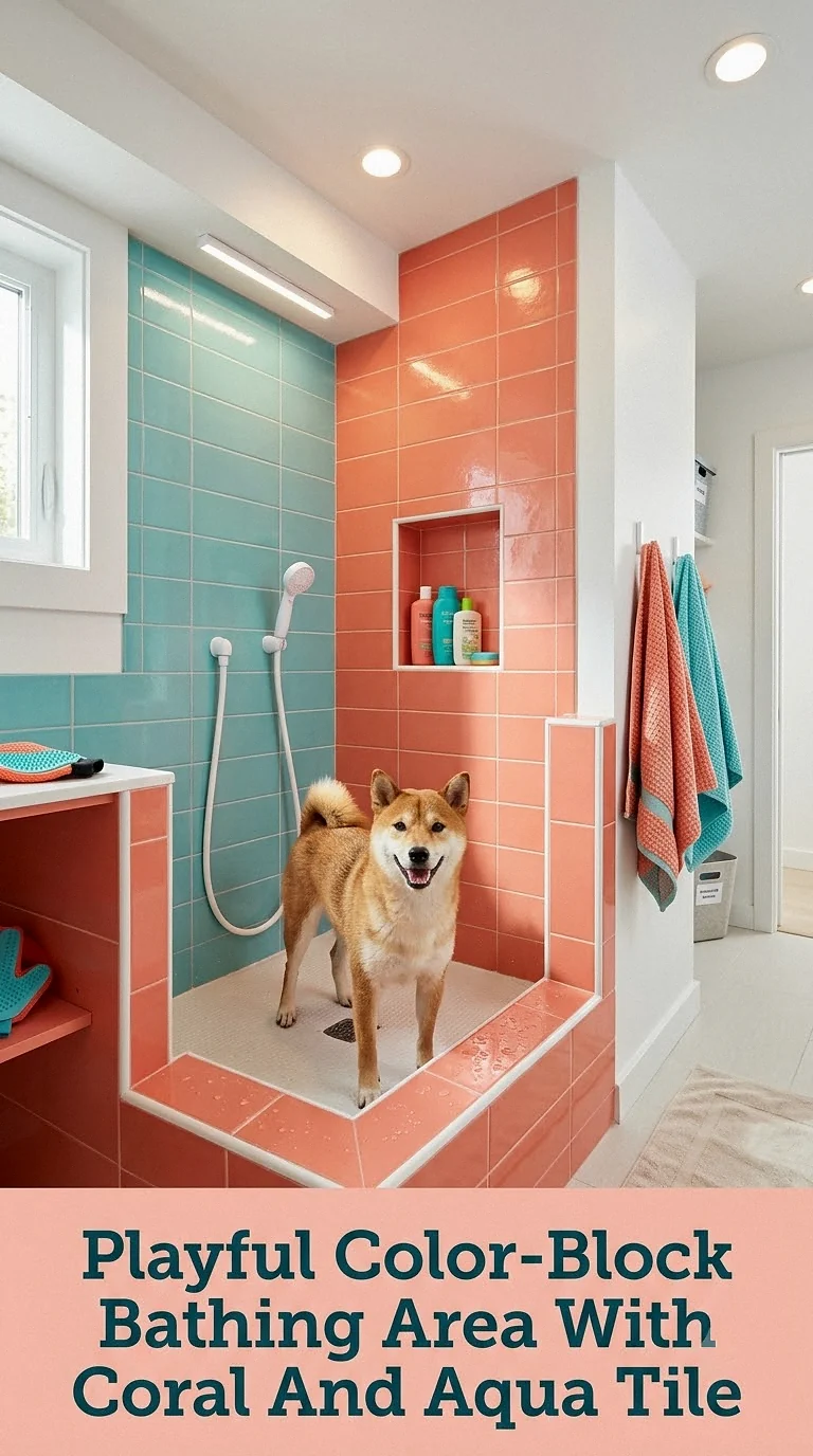 Playful Color-Block Bathing Area With Coral And Aqua Tile