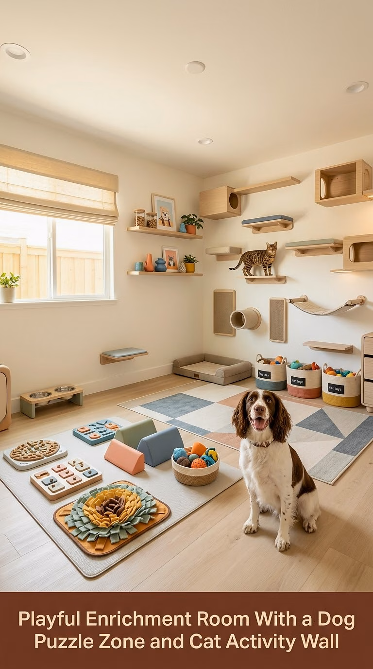 16. Playful Enrichment Room With a Dog Puzzle Zone and Cat Activity Wall