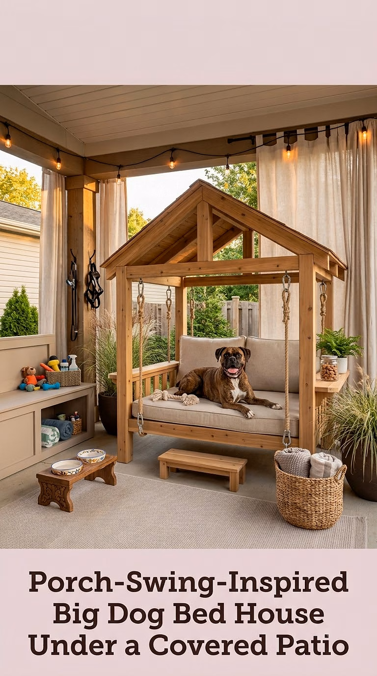 16. Porch-Swing-Inspired Big Dog Bed House Under a Covered Patio