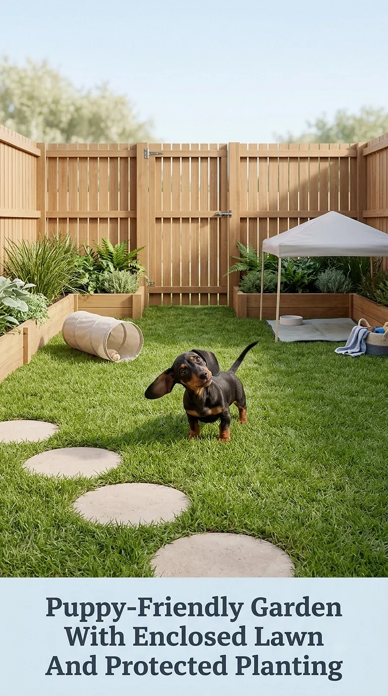 Puppy-Friendly Garden With Enclosed Lawn And Protected Planting