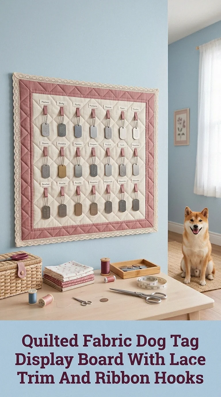 Quilted Fabric Dog Tag Display Board With Lace Trim And Ribbon Hooks