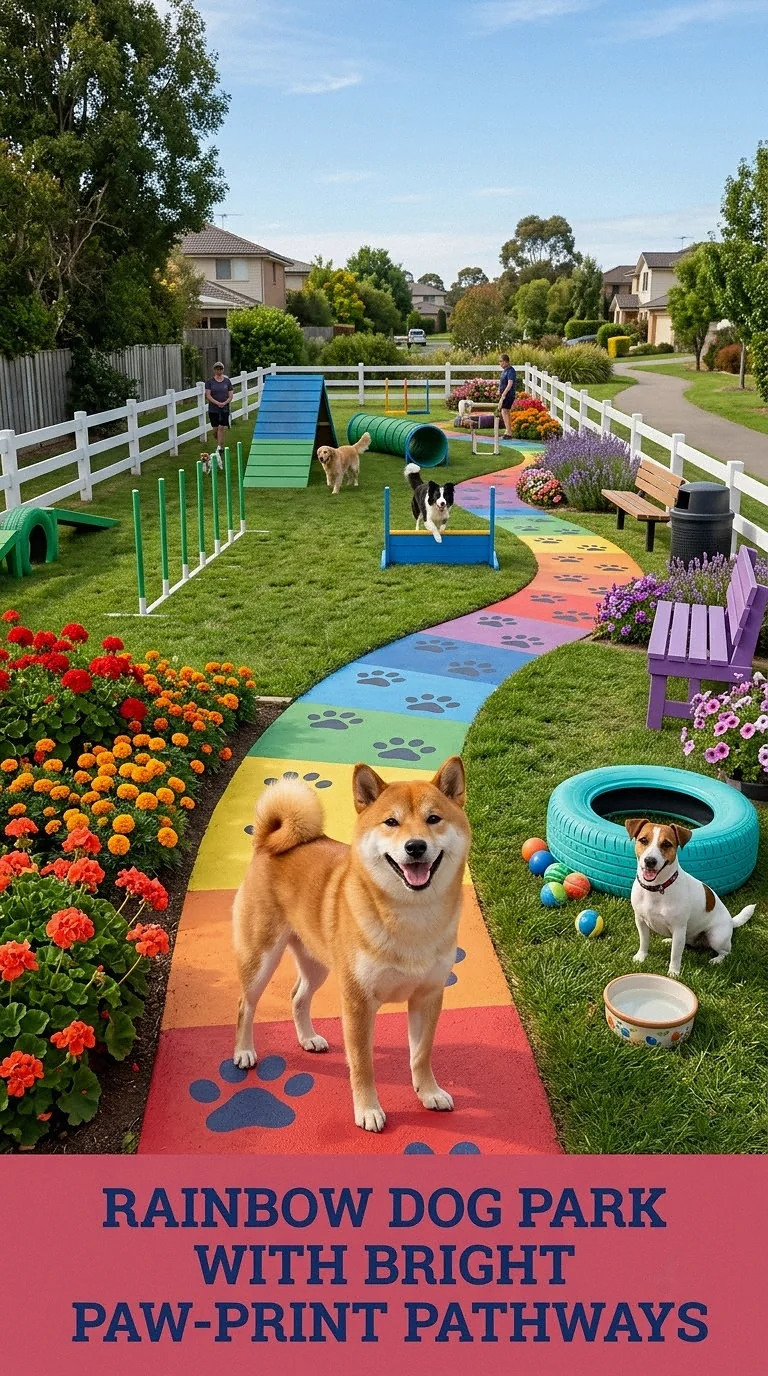 Rainbow Dog Park With Bright Paw-Print Pathways