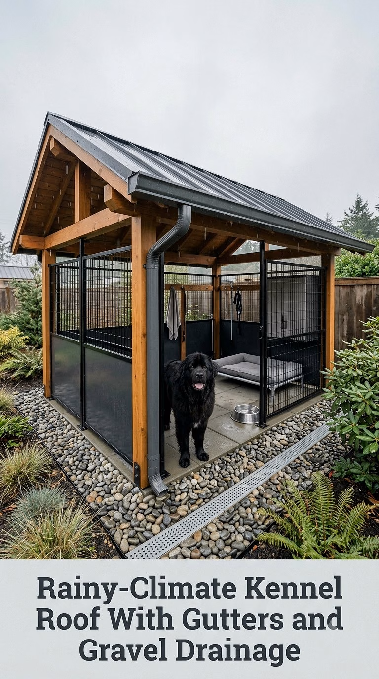 Rainy-Climate Kennel Roof With Gutters and Gravel Drainage