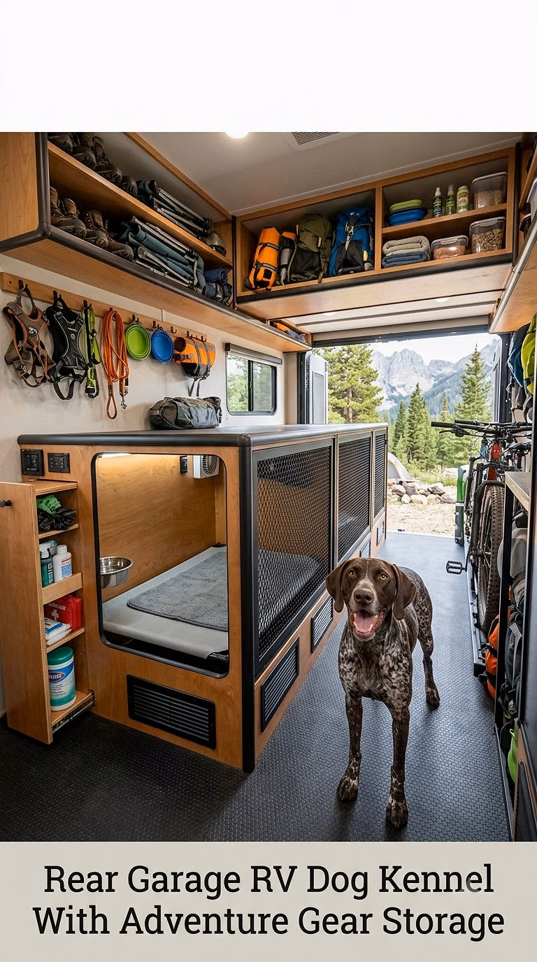 Rear Garage RV Dog Kennel With Adventure Gear Storage