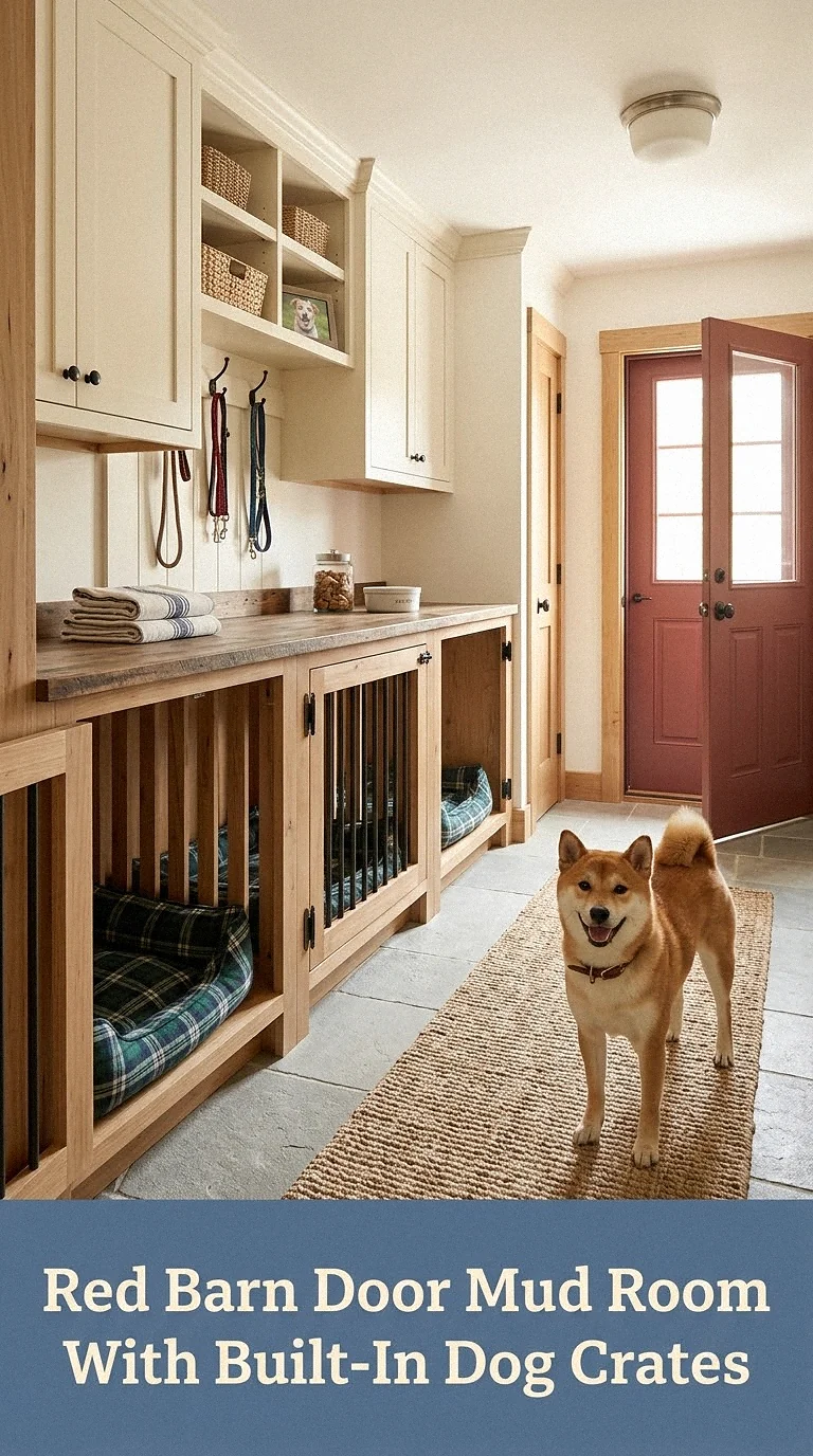 Red Barn Door Mud Room With Built-In Dog Crates