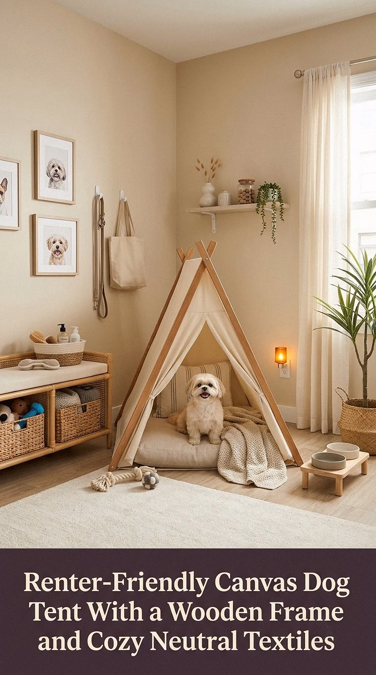 16. Renter-Friendly Canvas Dog Tent With a Wooden Frame and Cozy Neutral Textiles