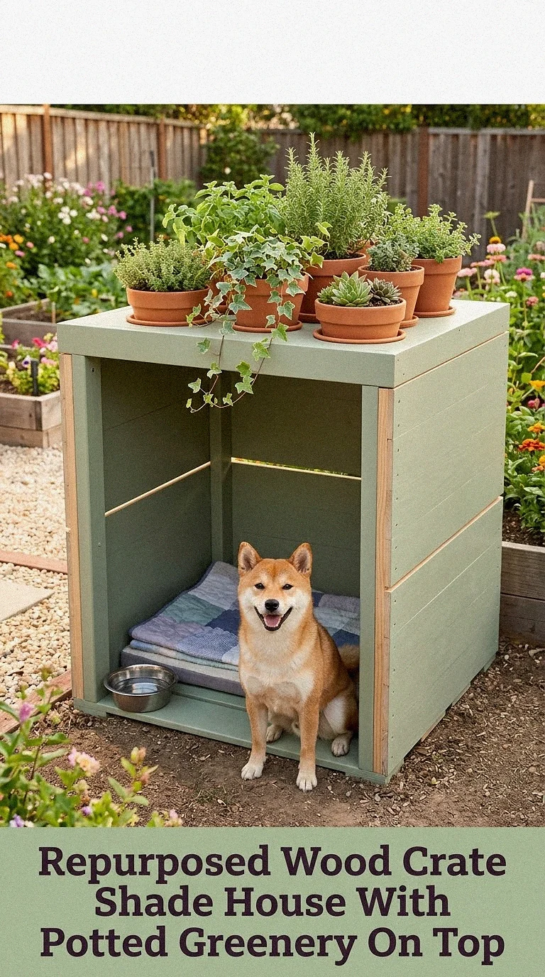 Repurposed Wood Crate Shade House With Potted Greenery On Top