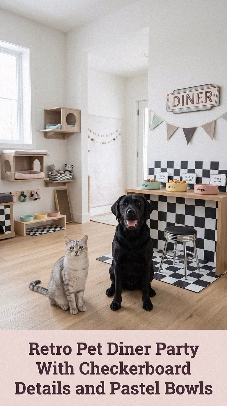 Retro Pet Diner Party With Checkerboard Details and Pastel Bowls