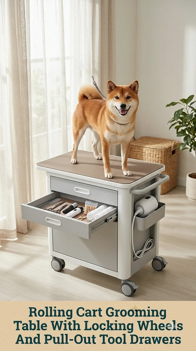 Rolling Cart Grooming Table With Locking Wheels And Pull-Out Tool Drawers