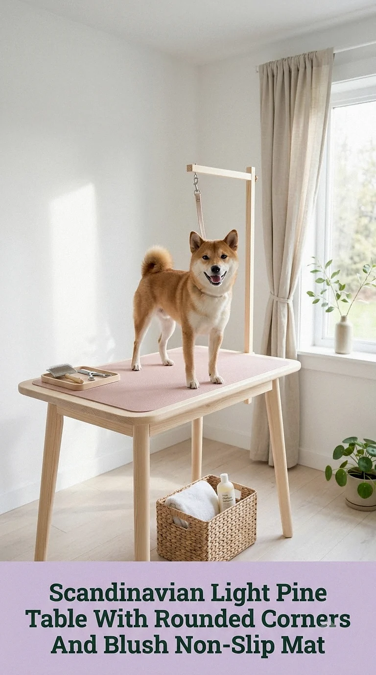Scandinavian Light Pine Table With Rounded Corners And Blush Non-Slip Mat