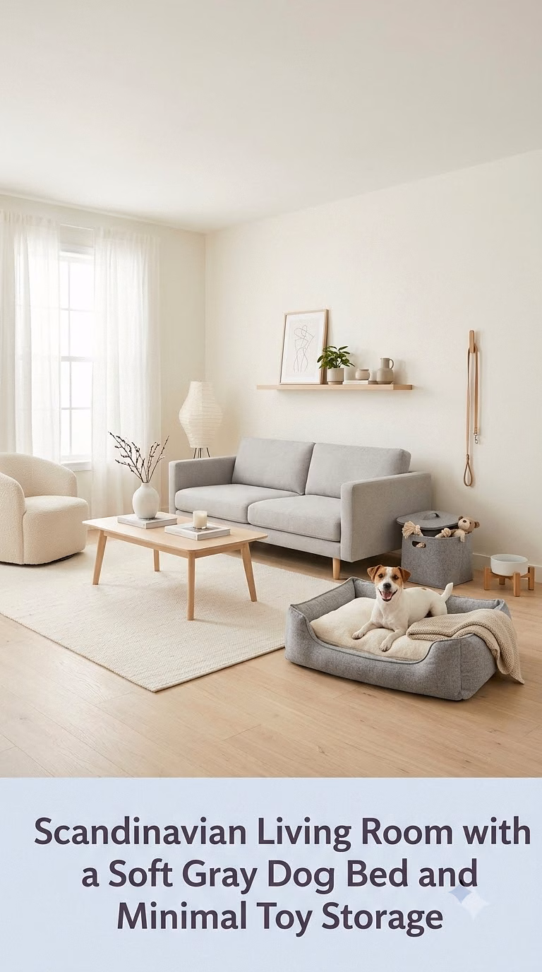 16. Scandinavian Living Room with a Soft Gray Dog Bed and Minimal Toy Storage