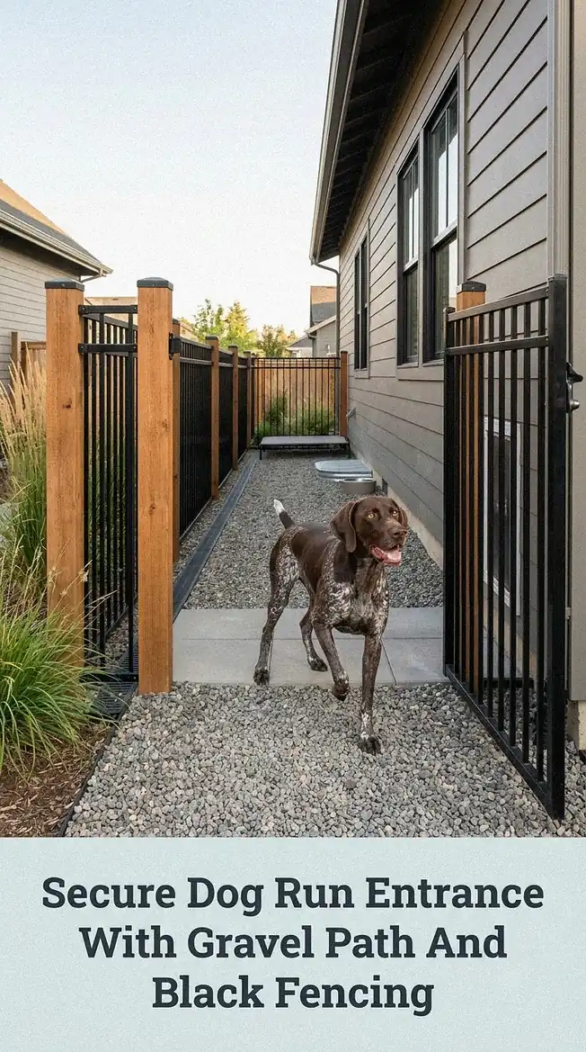 Secure Dog Run Entrance With Gravel Path And Black Fencing