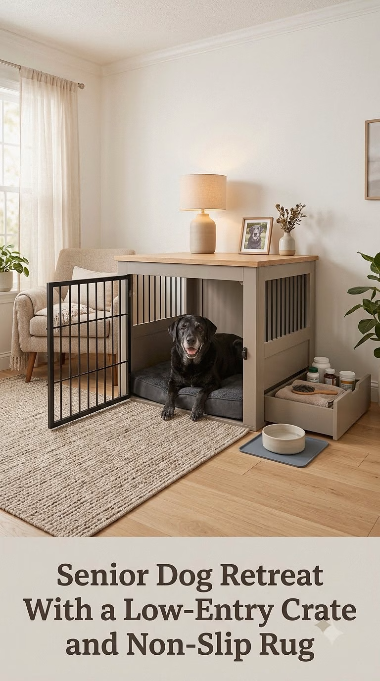 Senior Dog Retreat With a Low-Entry Crate and Non-Slip Rug