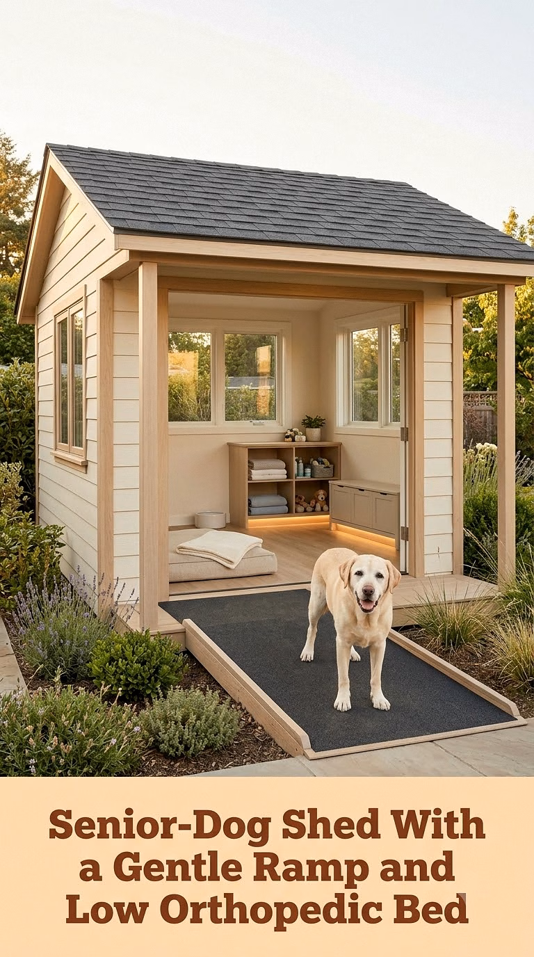 16. Senior-Dog Shed With a Gentle Ramp and Low Orthopedic Bed