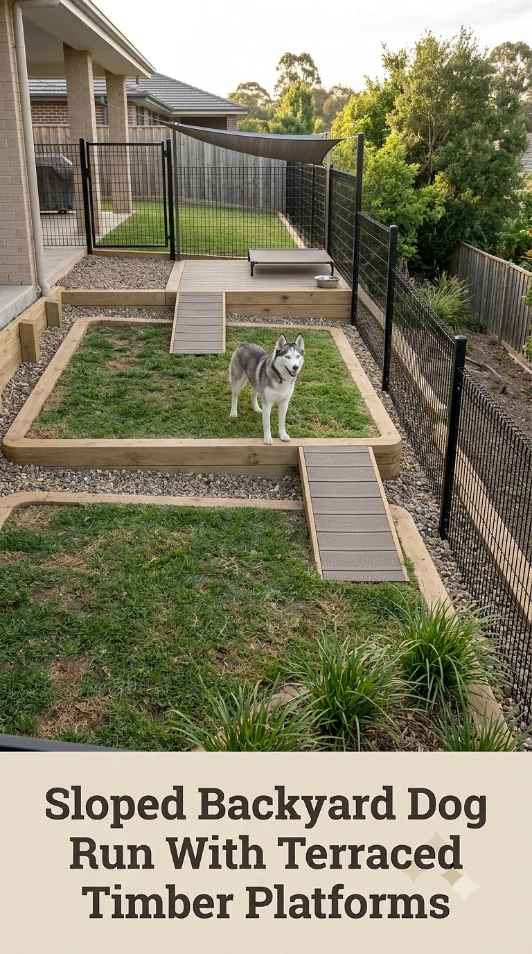 Sloped Backyard Dog Run With Terraced Timber Platforms