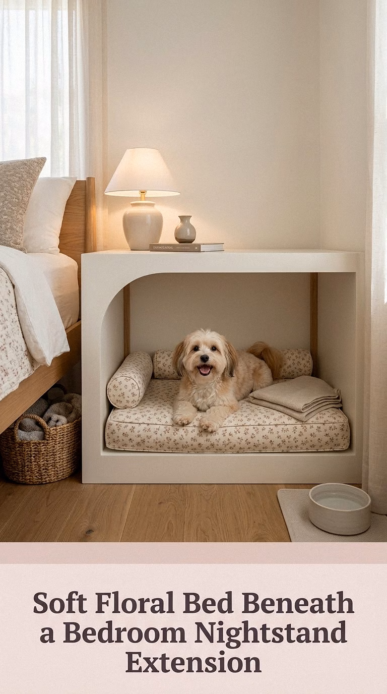 Soft Floral Bed Beneath a Bedroom Nightstand Extension