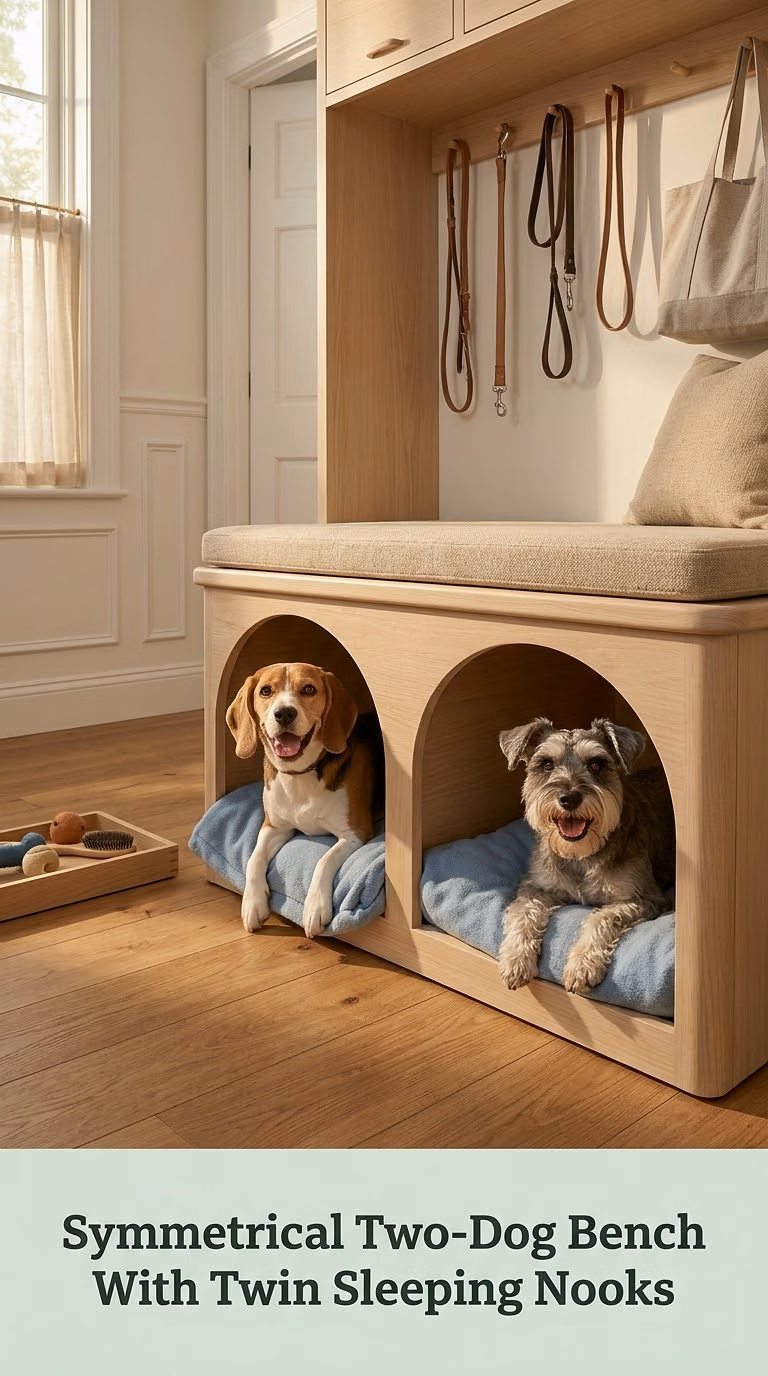 Symmetrical Two-Dog Bench With Twin Sleeping Nooks