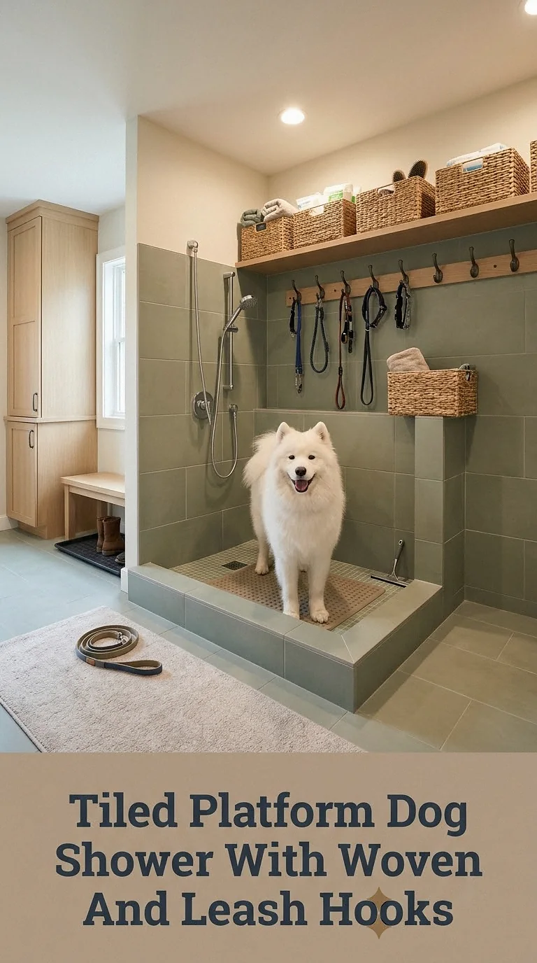 Tiled Platform Dog Shower With Woven Baskets And Leash Hooks