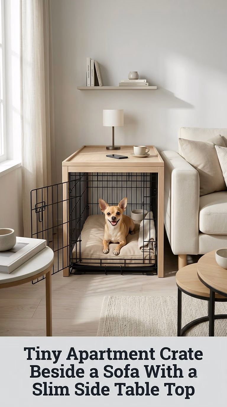 Tiny Apartment Crate Beside a Sofa With a Slim Side Table Top