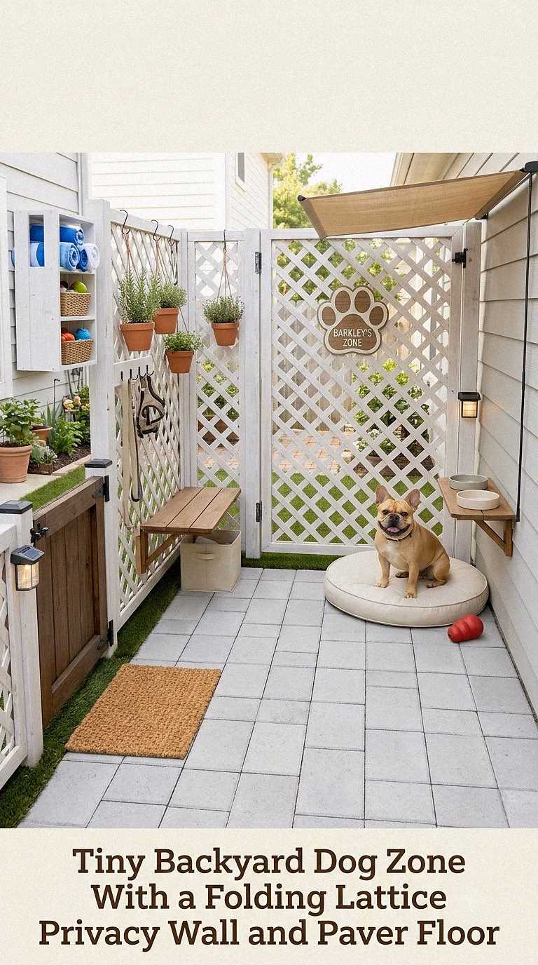 16. Tiny Backyard Dog Zone With a Folding Lattice Privacy Wall and Paver Floor