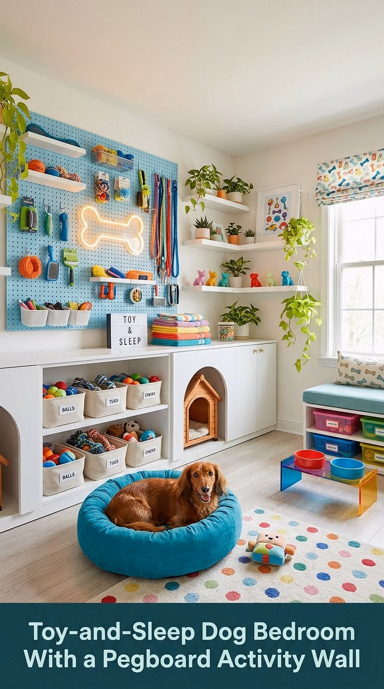 16. Toy-and-Sleep Dog Bedroom With a Pegboard Activity Wall