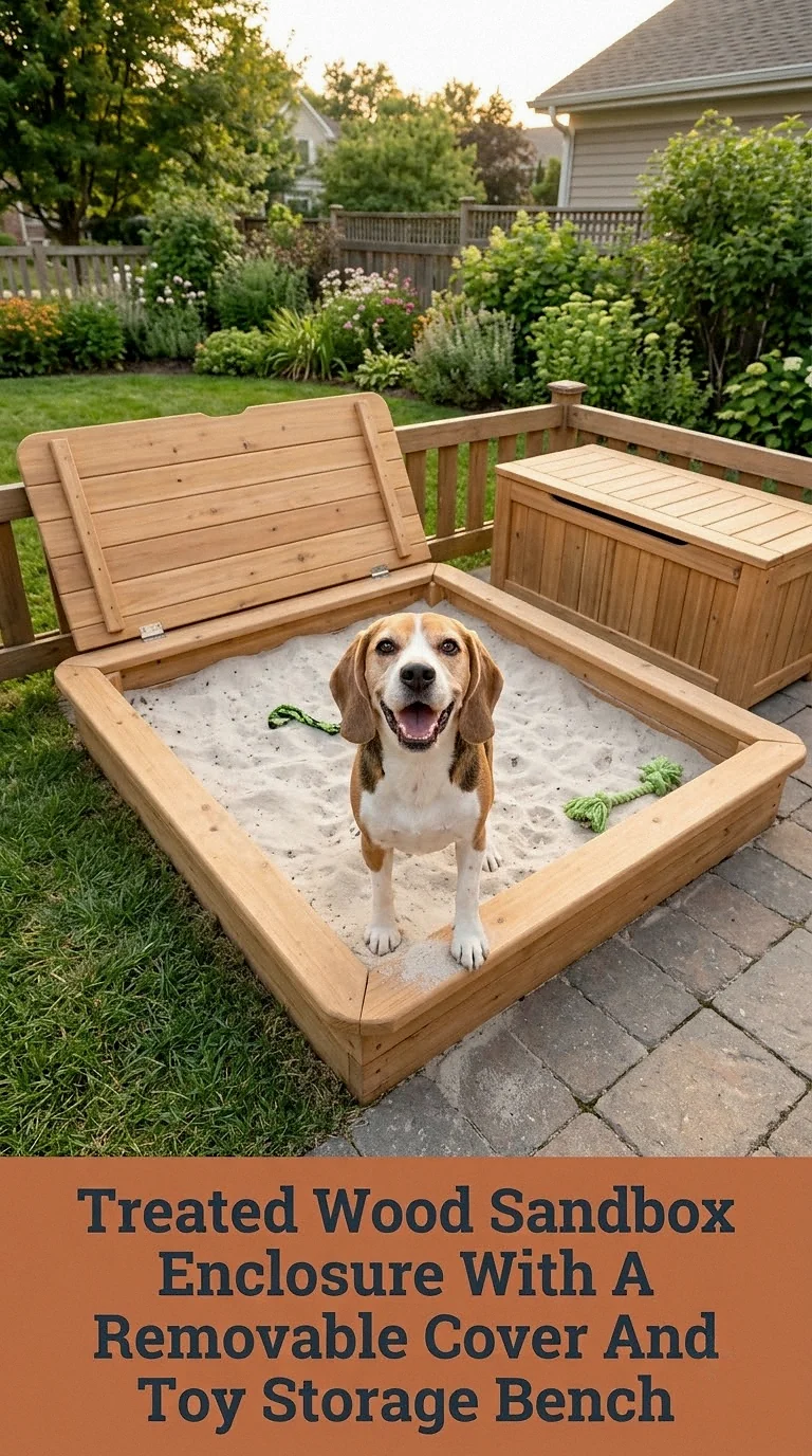 Treated Wood Sandbox Enclosure With A Removable Cover And Toy Storage Bench