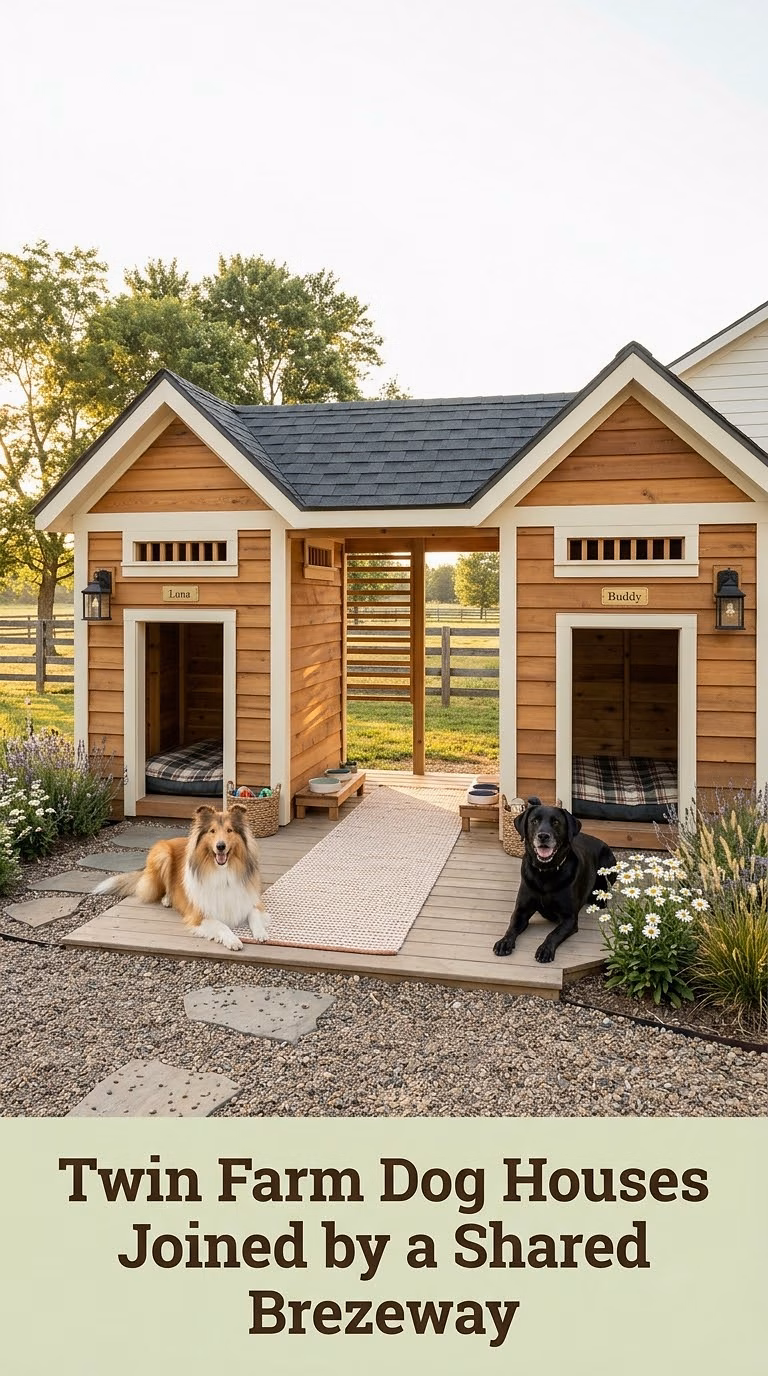 16. Twin Farm Dog Houses Joined by a Shared Breezeway