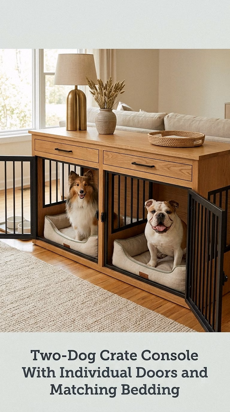 Two-Dog Crate Console With Individual Doors and Matching Bedding