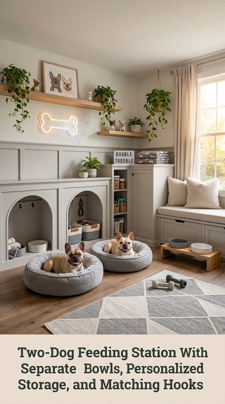 16. Two-Dog Feeding Station With Separate Bowls, Personalized Storage, and Matching Hooks