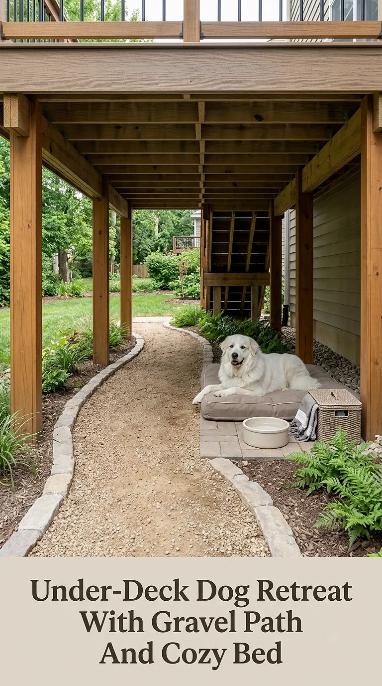 Under-Deck Dog Retreat With Gravel Path And Cozy Bed