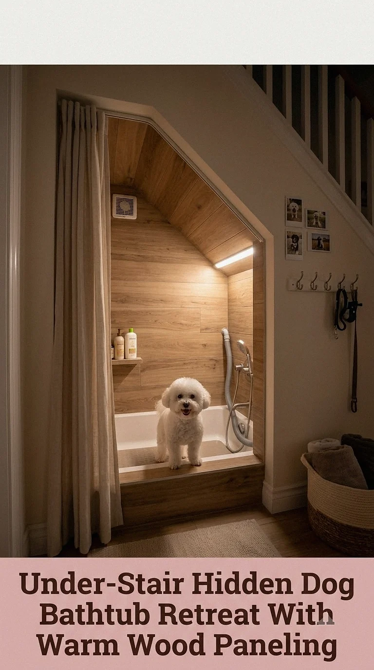 Under-Stair Hidden Dog Bathtub Retreat With Warm Wood Paneling