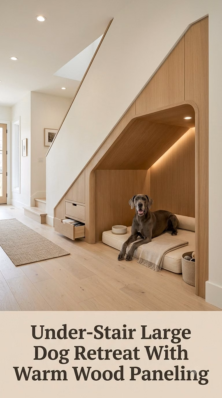 Under-Stair Large Dog Retreat With Warm Wood Paneling