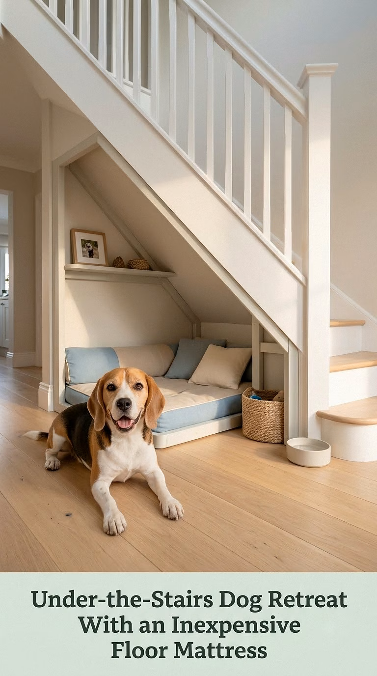 Under-the-Stairs Dog Retreat With an Inexpensive Floor Mattress