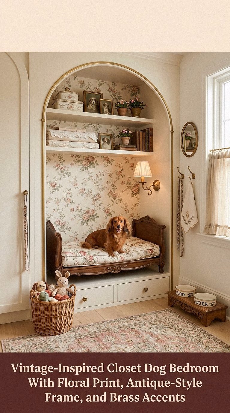 16. Vintage-Inspired Closet Dog Bedroom With Floral Print, Antique-Style Frame, and Brass Accents