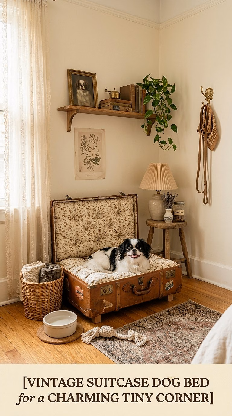 16. Vintage Suitcase Dog Bed for a Charming Tiny Corner