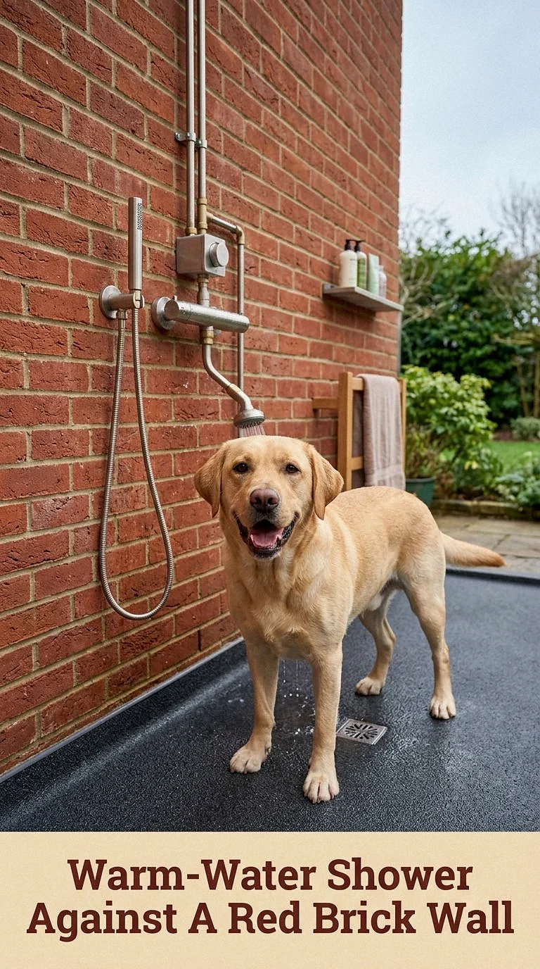 Warm-Water Shower Against A Red Brick Wall