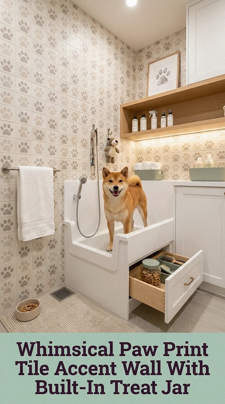 Whimsical Paw Print Tile Accent Wall With Built-In Treat Jar