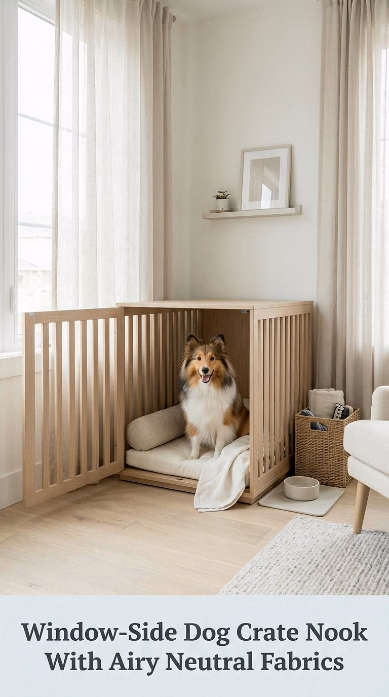 Window-Side Dog Crate Nook With Airy Neutral Fabrics