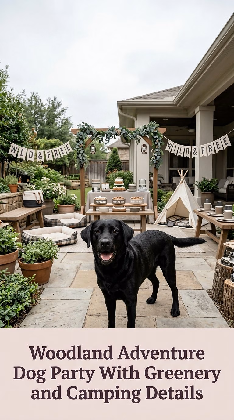 Woodland Adventure Dog Party With Greenery and Camping Details