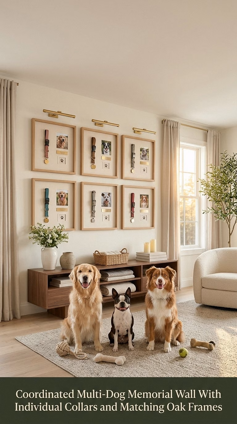 17. Coordinated Multi-Dog Memorial Wall With Individual Collars and Matching Oak Frames